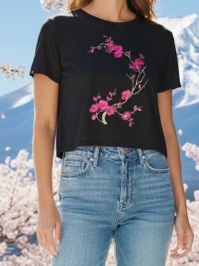 Glamorous UK Cherry Blossom Embroidery T-Shirt, Black/Pink, Small, EUC